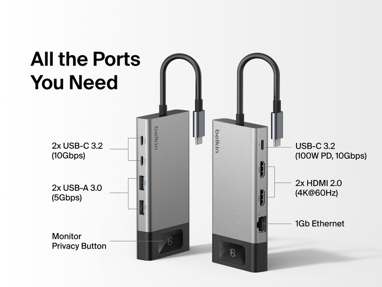Diagram of a Belkin 8-port USB-C hub highlighting its ports, including USB-C 3.2 with 100W power delivery, two USB-C 3.2 ports, two USB-A 3.0 ports, two HDMI 2.0 ports supporting 4K@60Hz, a 1Gb Ethernet port, and a monitor privacy button.