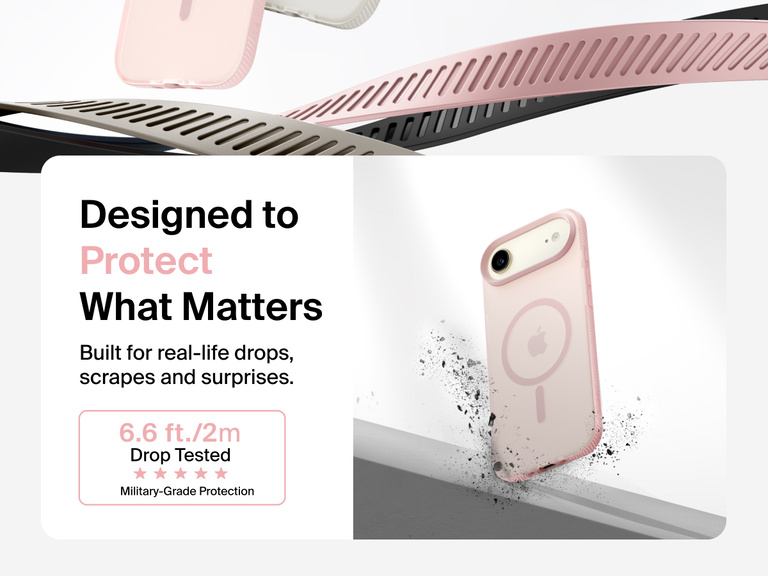 Belkin SheerForce Grip Series Case for iPhone 17 shown with textured grip and impact protection against drops.