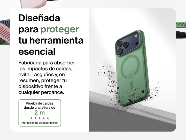 Belkin SheerForce Grip Series Case for iPhone 17 shown with textured grip and impact protection against drops.