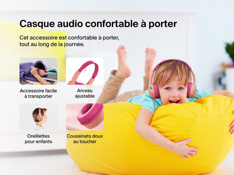 Smiling child wearing Belkin Wired On-Ear Headphones for Kids while lounging on a yellow beanbag, with callouts for soft ear cushions, adjustable headband, kid-sized earcups, and easy portability.