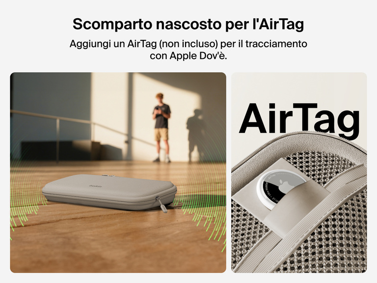 Illustrazione del supporto di ricarica magnetica compatto 3 in 1 BoostCharge Belkin mentre ricarica in modalità wireless gli AirPods, mettendo in risalto la sua compatibilità con tutti i modelli di AirPods ed AirPods Pro.