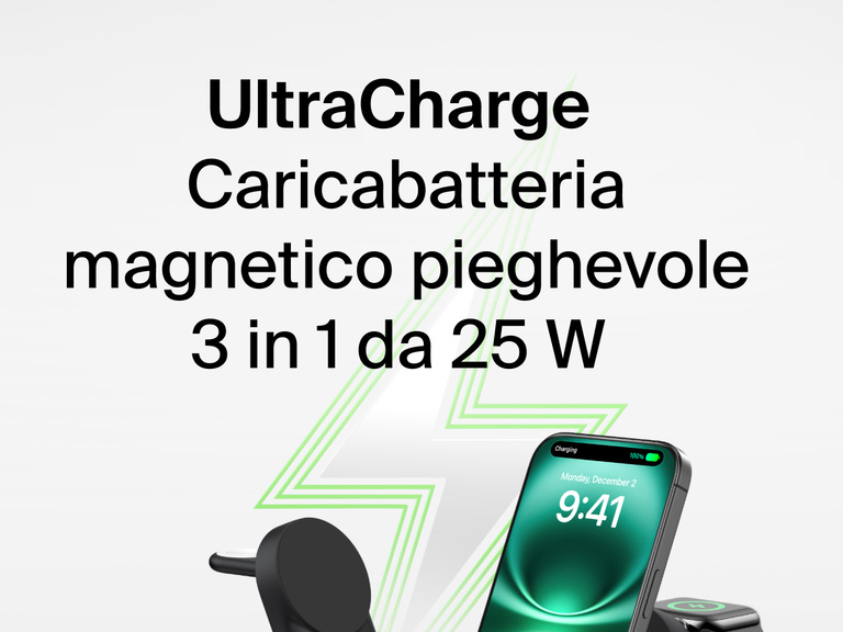 Immagine del caricabatteria magnetico pieghevole 3 in 1 con Qi2 da 25 W Belkin UltraCharge mentre ricarica un iPhone, con una grafica di un lampo verde sullo sfondo.