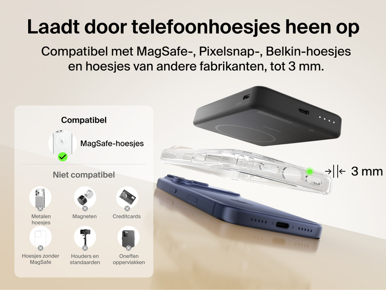 Slim Magnetic Power Bank 10K with Qi2 hovering above smartphone with case demonstrating compatibility and magnetic alignment