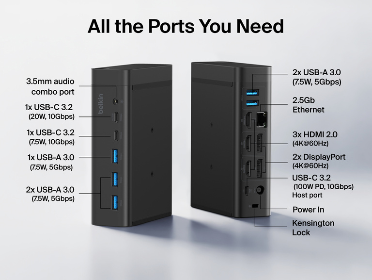 Front and back views of the Connect 15-Port Triple Display USB-C Dock with labeled ports, including a 3.5mm audio combo port, USB-C 3.2 ports, USB-A 3.0 ports, 2.5Gb Ethernet, 3 HDMI 2.0 ports, 2 DisplayPorts, a USB-C host port, power in, and a Kensington lock slot