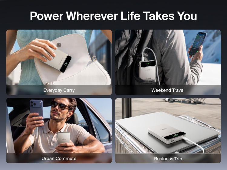 Belkin UltraCharge Pro Power Bank 10K with BoostSolid Cell shown for everyday carry, weekend travel, urban commuting and TSA-compliant business travel.