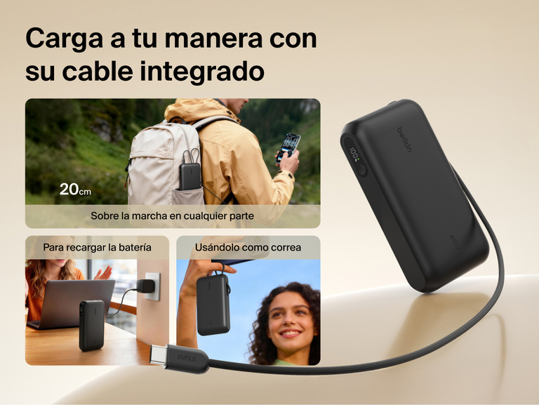 Belkin UltraCharge 20K 45W power bank with integrated USB-C cable for on-the-go charging, easy recharging, and convenient carry strap functionality
