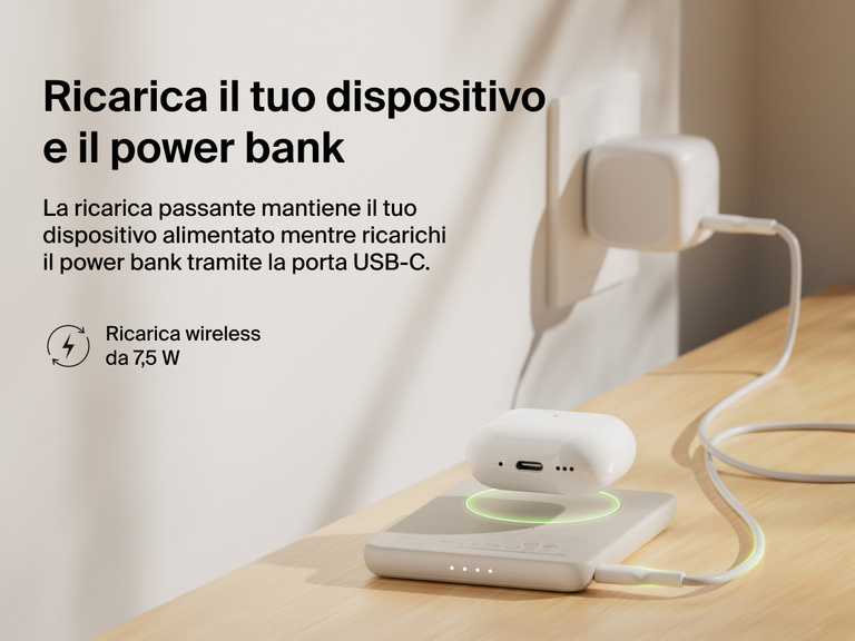 Belkin BoostCharge Slim Magnetic Power Bank 5K shown wirelessly charging earbuds while recharging via USB-C, demonstrating 7.5W pass-through charging functionality.