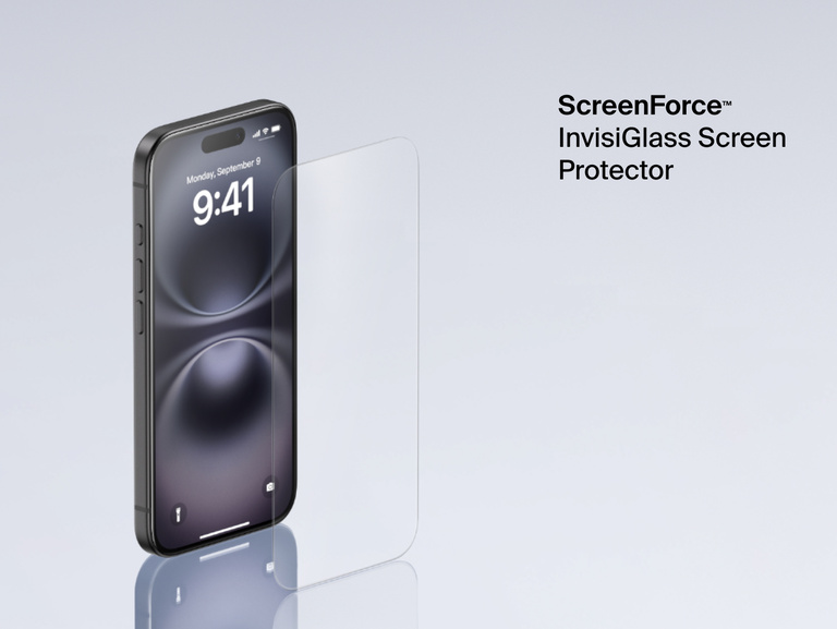 Belkin ScreenForce InvisiGlass Screen Protector shown on iPhone display for durable, crystal-clear protection.