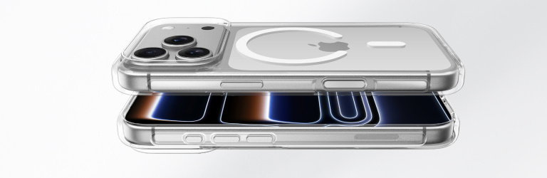 Two iPhones stacked horizontally in clear protective cases, showcasing the back camera and MagSafe ring design.