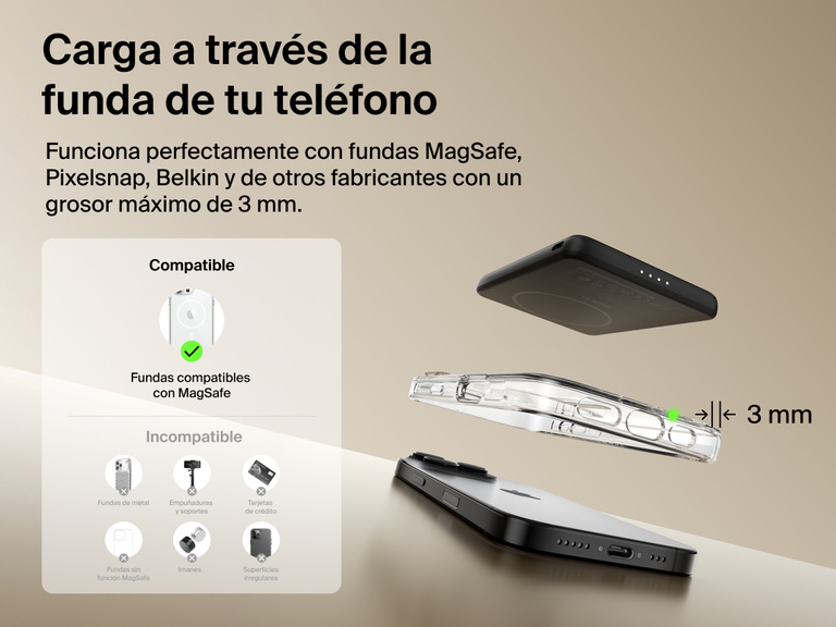 Belkin BoostCharge Slim Magnetic Power Bank 5K shown aligning with a smartphone and MagSafe-compatible case, demonstrating wireless charging through cases up to 3mm thick.