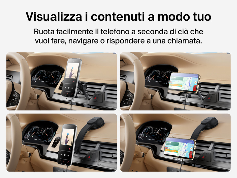 Belkin BoostCharge Magnetic Wireless Charging Car Vent and Dash Mount shown in multiple orientations demonstrating 360° rotation and adjustable tilt for portrait and landscape phone viewing.