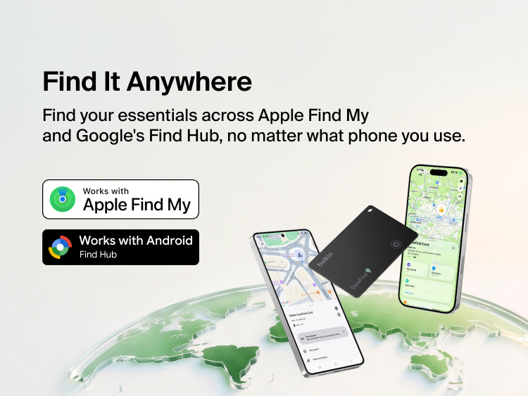 Belkin SureFind Card Bluetooth tracker shown with smartphones displaying location maps, compatible with Apple Find My and Google Find Hub.
