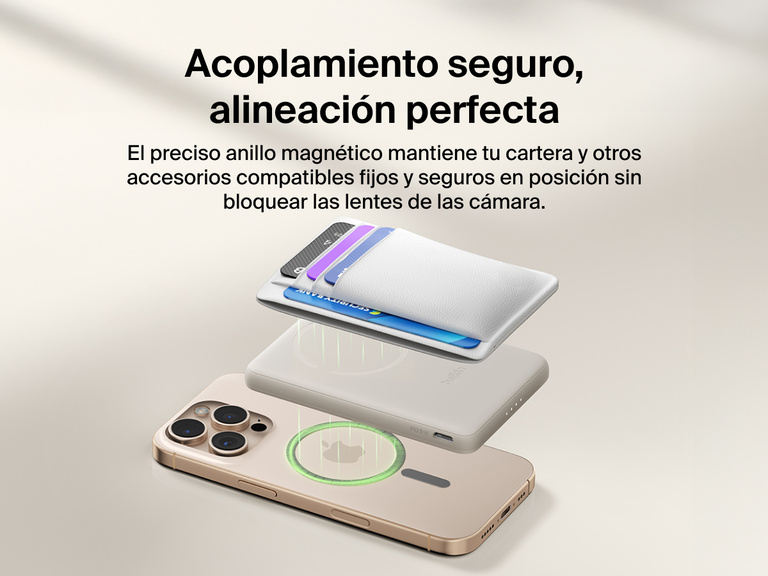 Belkin BoostCharge Slim Magnetic Power Bank 5K shown magnetically aligned between a smartphone and wallet accessory, demonstrating precise magnetic ring for secure attachment and camera-safe design.