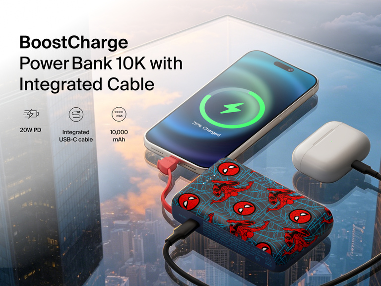 Belkin BoostCharge Power Bank 10K with Integrated Cable featuring Spider-Man artwork, delivering 10,000mAh portable charging with 20W USB-C Power Delivery.