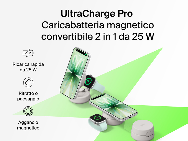 Il caricabatteria magnetico convertibile 2 in 1 con Qi2 25W Belkin UltraCharge Pro offre una ricarica wireless rapida per smartphone e smartwatch, un aggancio magnetico sicuro e la possibilit&agrave; di visualizzare il dispositivo in modalit&agrave; ritratto o paesaggio.