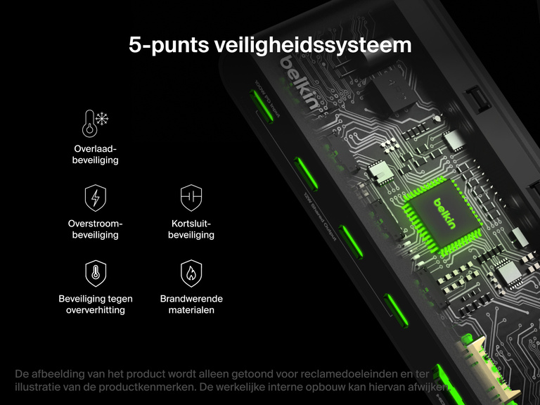 Belkin Connect 5-Port USB-C Hub with 4K HDMI features a 5-point safety system with overload, overcurrent, short-circuit, and temperature protection.