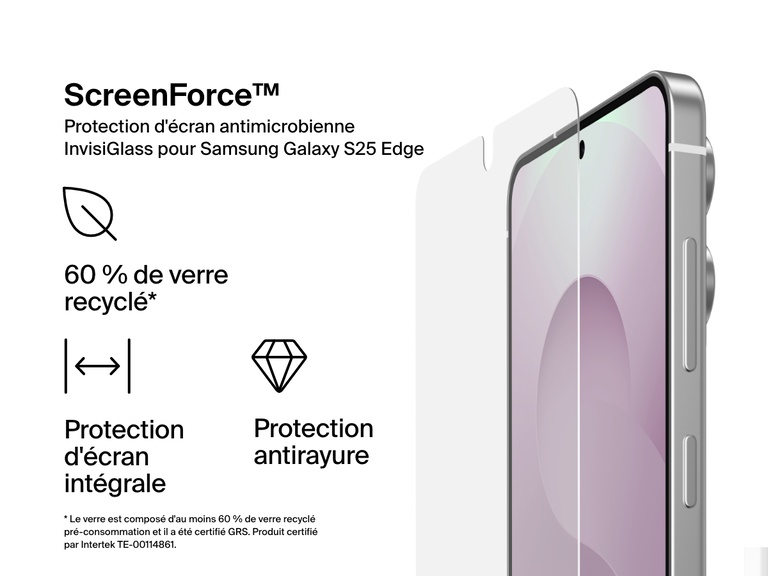 Image marketing de la protection d'écran antimicrobienne ScreenForce InvisiGlass pour Samsung Galaxy S25 Edge, mettant en avant ses caractéristiques comme la résistance aux rayures, sa capacité à protéger intégralement le smartphone et sa composition à partir de 60 % de verre recyclé. Un smartphone avec une protection d’écran est affiché sur la droite.