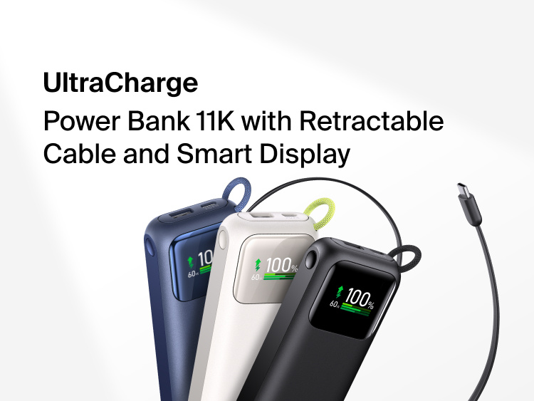 UltraCharge Power Bank 11K with Retractable Cable shown upright with its built-in retractable USB-C cable extended and battery display reading 100 percent