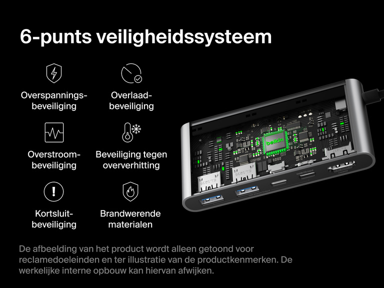 Belkin Connect 5-Port USB-C Hub with Dual USB-C Ports features a 6-point safety system with protection against overvoltage, overload, short circuit, overcurrent, overheating, and fire.