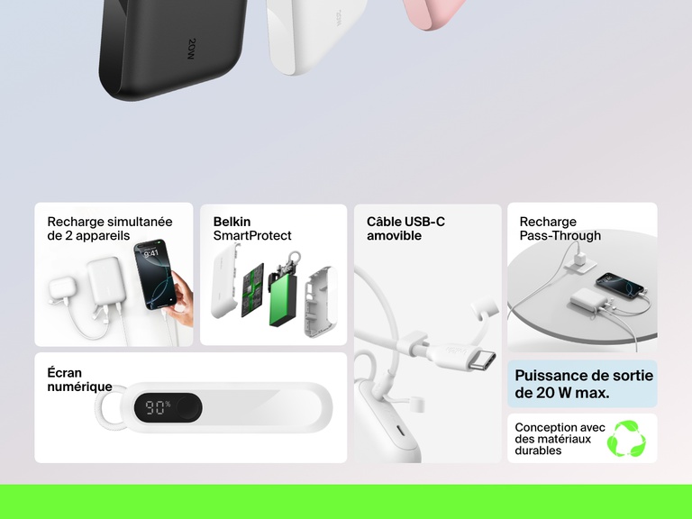 Infographie mettant en avant les fonctionnalités essentielles de la batterie externe 10K Belkin BoostCharge avec écran intégré, et notamment sa puissance de sortie de 20 W, la recharge simultanée de deux appareils, l’affichage numérique du niveau de batterie, le câble USB-C détachable, la recharge Pass-Through, la fonction Belkin SmartProtect et les matériaux durables.