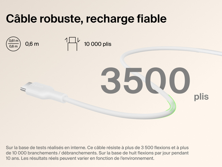 Belkin BoostCharge Slim Magnetic Power Bank 5K with Qi2 includes a durable USB-C to USB-C cable designed for long-lasting, reliable charging performance.