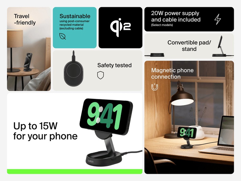 Feature collage showcasing a black Belkin BoostCharge Pro Convertible Magnetic Wireless Charging Stand with Qi2 15W, emphasizing its travel-friendly design, magnetic phone connection, convertible pad and stand mode, and up to 15W of fast wireless charging.