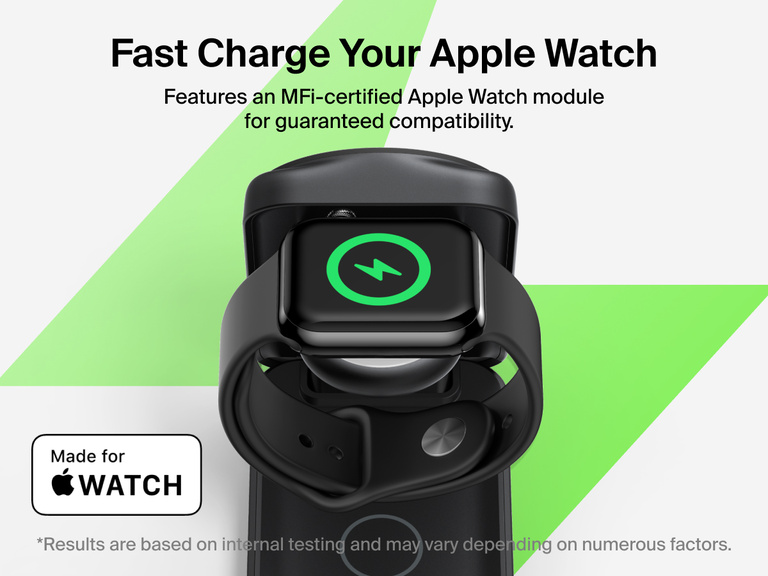 Belkin UltraCharge 3-in-1 Foldable Magnetic Charger with Qi2 25W fast charges Apple Watch Series 10 to 80% in 30 minutes using an MFi-certified charging module.