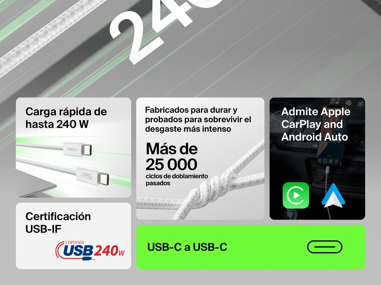 Infografía en la que se destaca el cable Belkin BoostCharge de USB-C a USB-C de 240 W con carga rápida de hasta 240 W, durabilidad de más de 20 000 doblamientos, compatibilidad con Apple CarPlay y Android Auto, y certificación USB-IF.