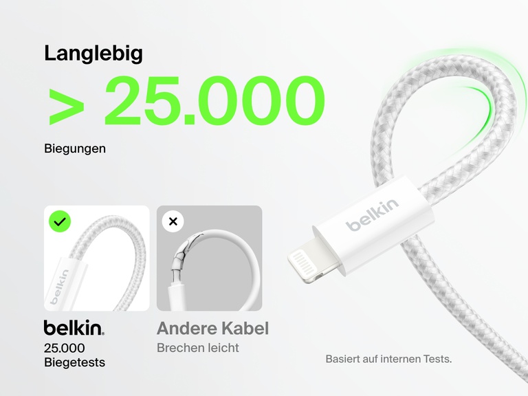 In einer Abbildung des Belkin BoostCharge USB-A-Kabels mit Lightning Connector wird hervorgehoben, dass es mehr als 25.000 Biegungen standhält und dass sein robustes Kabelgeflecht herkömmliche Kabel in Bezug auf Langlebigkeit und Strapazierfähigkeit übertrifft.
