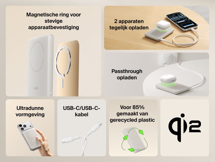 Belkin BoostCharge Slim Magnetic Power Bank 5K with Qi2 shown highlighting secure magnetic attachment, ultra-slim design, dual-device charging, USB-C connectivity, pass-through charging, and sustainability features.