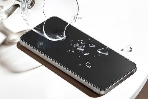 Smartphone lying on a white surface with shattered glass pieces on its screen and a broken drinking glass nearby, suggesting impact resistance.
