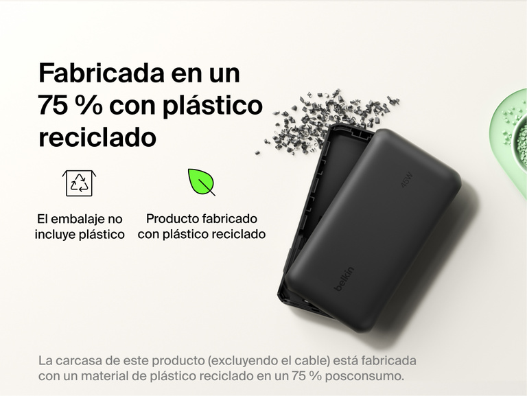 Belkin UltraCharge 20K 45W power bank with integrated cable made with recycled materials and plastic-free packaging for a more sustainable charging solution
