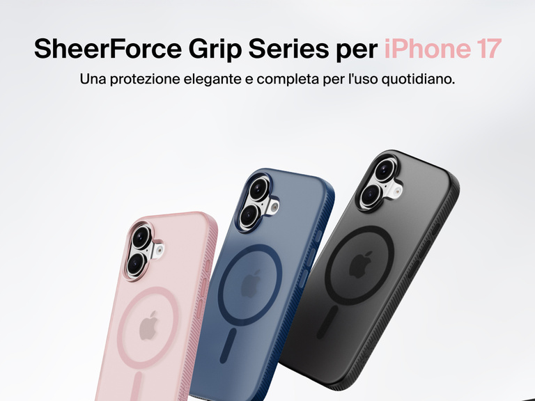 Belkin SheerForce Grip Series protective case for iPhone 17 shown in pink, clear, and black with slim design and MagSafe compatibility.