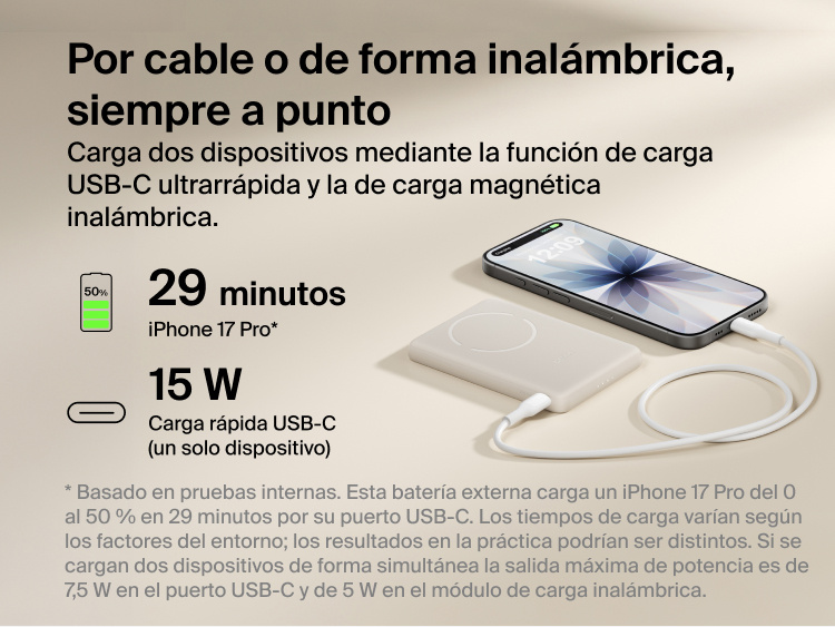 Belkin BoostCharge Slim Magnetic Power Bank 5K with Qi2 shown delivering wired USB-C fast charging and wireless charging for reliable, on-the-go power in a compact portable design.
