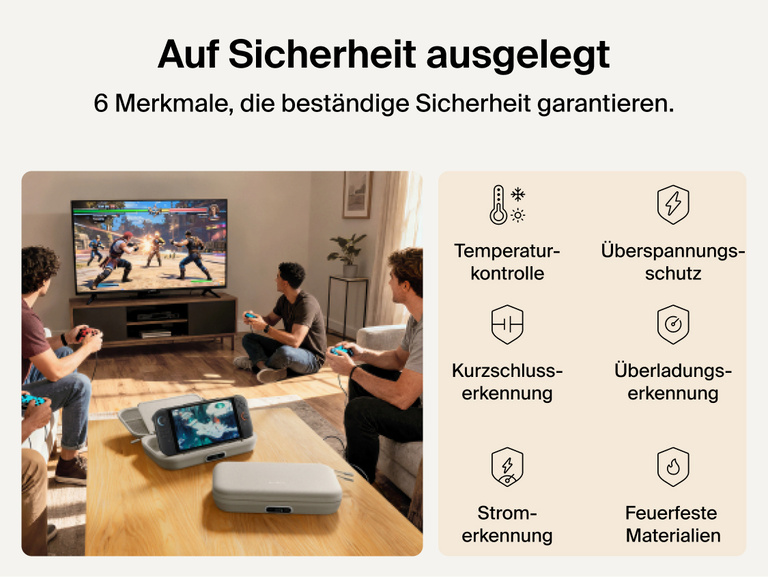 Belkin Gaming Charging Case Pro for Nintendo Switch 2 shown in a living room setup highlighting engineered safety features including temperature monitoring, overvoltage protection, overload detection, and fire-resistant materials.