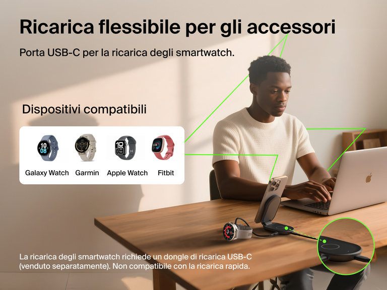 Immagine del caricabatteria magnetico pieghevole 2 in 1 con Qi2 da 25 W Belkin UltraCharge che ricarica un iPhone e uno smartwatch tramite la porta USB-C aggiuntiva, compatibile con Apple Watch, Galaxy Watch, Garming e Fitbit.