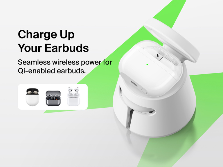 Belkin UltraCharge Modular Charging Dock with Qi2 25W wirelessly charging Qi-enabled earbuds, featuring a modular dock design for seamless, cable-free everyday charging.