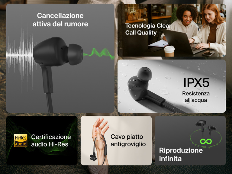 Belkin SoundForm ANC Wired Earbuds with USB-C® featuring active noise cancellation, IPX5 water resistance, Hi-Res audio, tangle-free cable, and clear call quality.