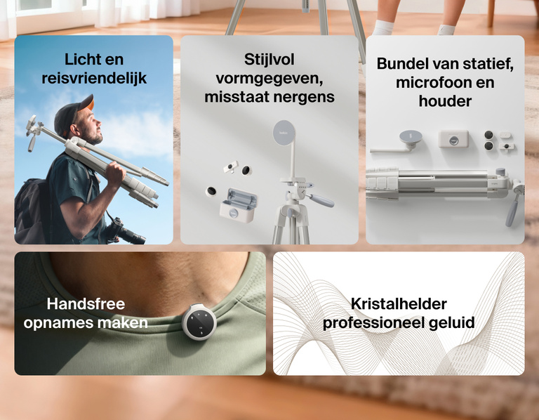 Image showing Belkin Stage Creator Kit with tripod, mic, and mount highlighting features like hands-free recording, crystal-clear pro audio, lightweight portability, and sleek design for any space.