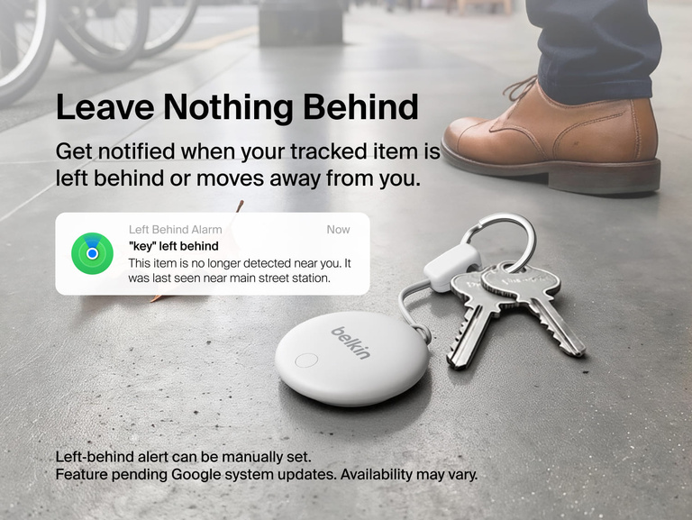 Belkin SureFind Spot attached to keys demonstrates left-behind alerts that notify users when a tracked item is no longer nearby.