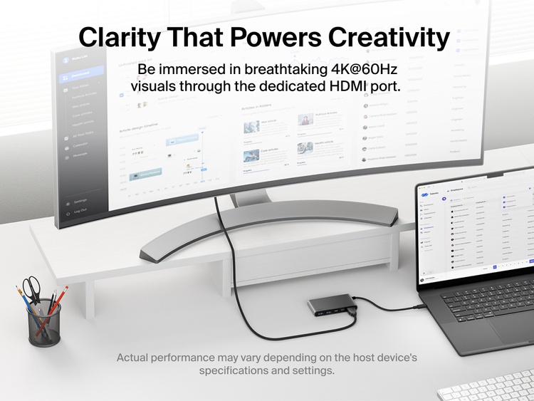 Belkin Connect 5-Port USB-C Hub with Dual USB-C Ports connects a laptop to a monitor, delivering stunning 4K@60Hz visuals via the dedicated HDMI port.