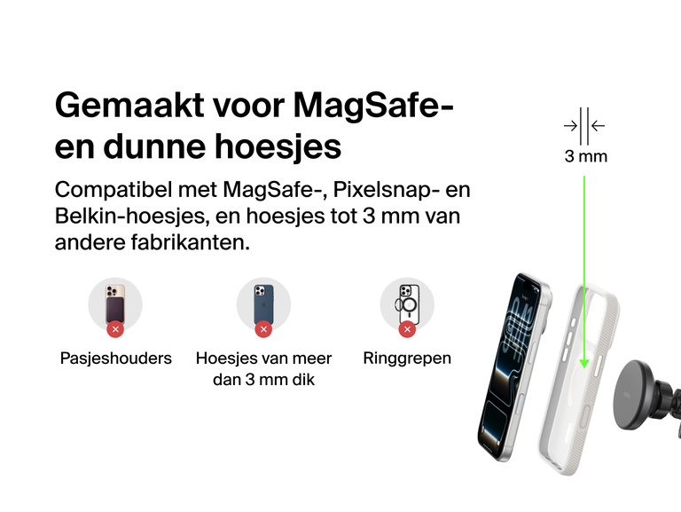 Belkin BoostCharge Magnetic Wireless Charging Car Vent and Dash Mount shown with MagSafe and thin-case compatibility up to 3mm, highlighting supported and unsupported case types.