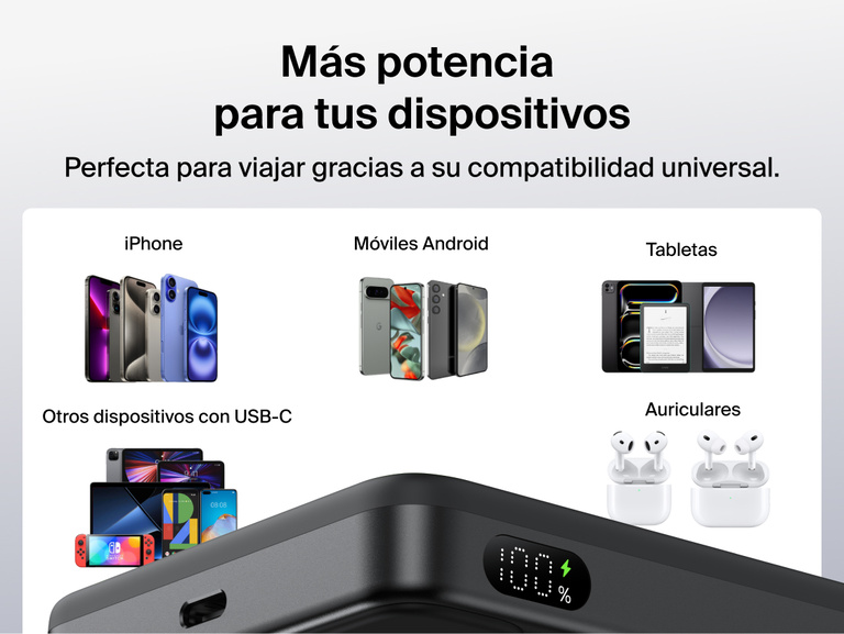 Belkin UltraCharge Slim Magnetic Power Bank 10K showcasing universal compatibility with iPhone, Android phones, USB-C devices, tablets, and wireless accessories for travel-ready charging