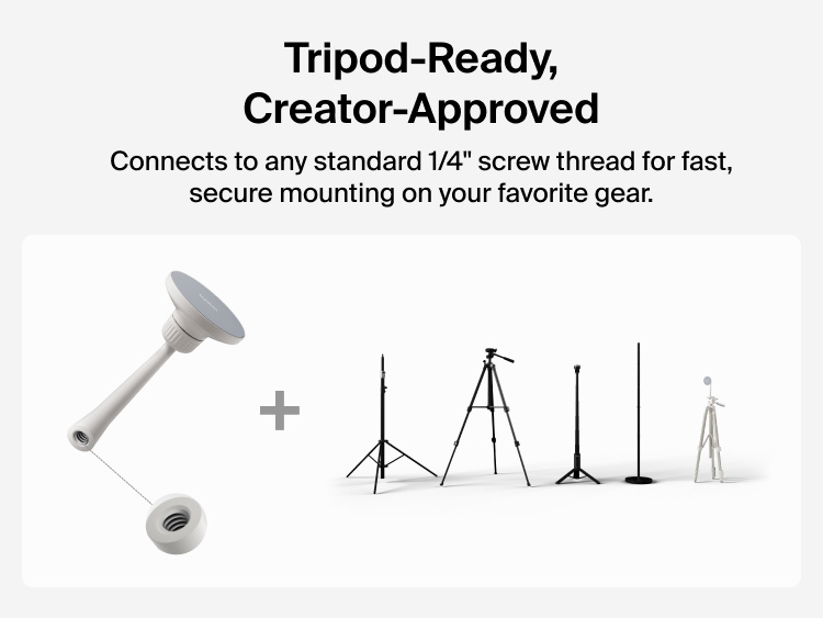 Image showing Belkin Stage Creator Kit mount compatible with standard 1/4-inch screw threads for quick, secure attachment to tripods, stands, and other creator gear.