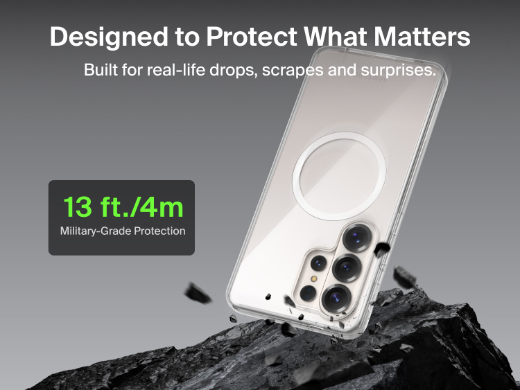 Belkin SheerForce Clear Series Case for Samsung Galaxy S26 shown protecting a phone during impact, highlighting slim design with 13 ft / 4 m military-grade drop protection and built-in Qi2 wireless charging support.