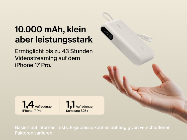 Belkin UltraCharge 10K power bank with integrated USB-C cable and digital display, delivering up to 45W fast charging and extended battery life for smartphones