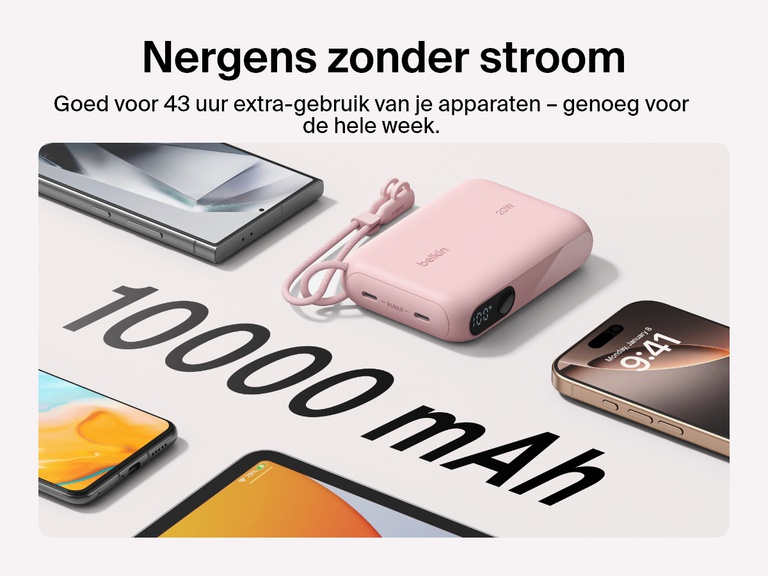 Afbeelding van de Belkin BoostCharge 10.000mAh-powerbank met display omringd door meerdere apparaten, om de capaciteit van 10.000 mAh en tot wel 43 uur extra batterijduur voor onderweg te benadrukken.