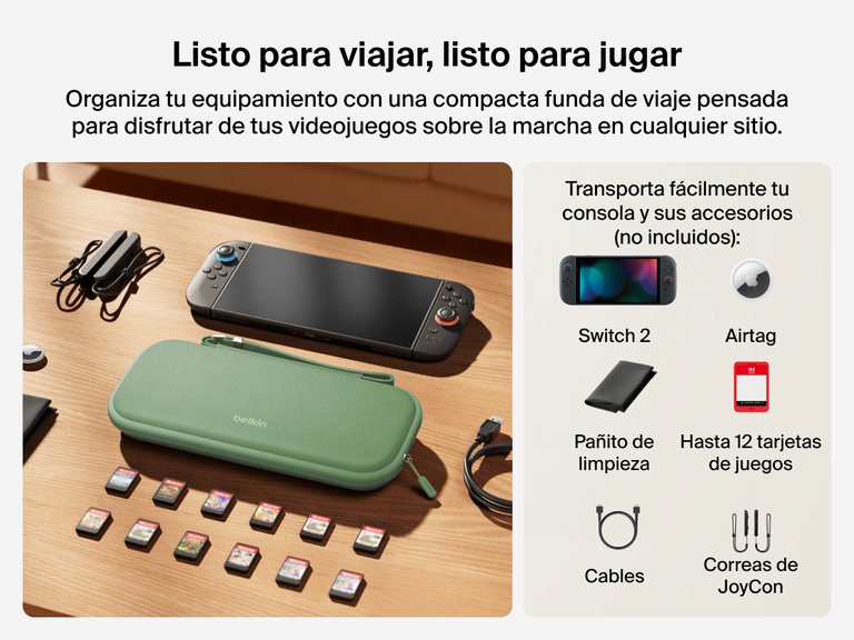 Belkin Gaming Travel Case for Nintendo Switch 2 displayed on a table with compatible accessories including game cards, cables, JoyCon rails, AirTag, and cleaning cloth (all sold separately).