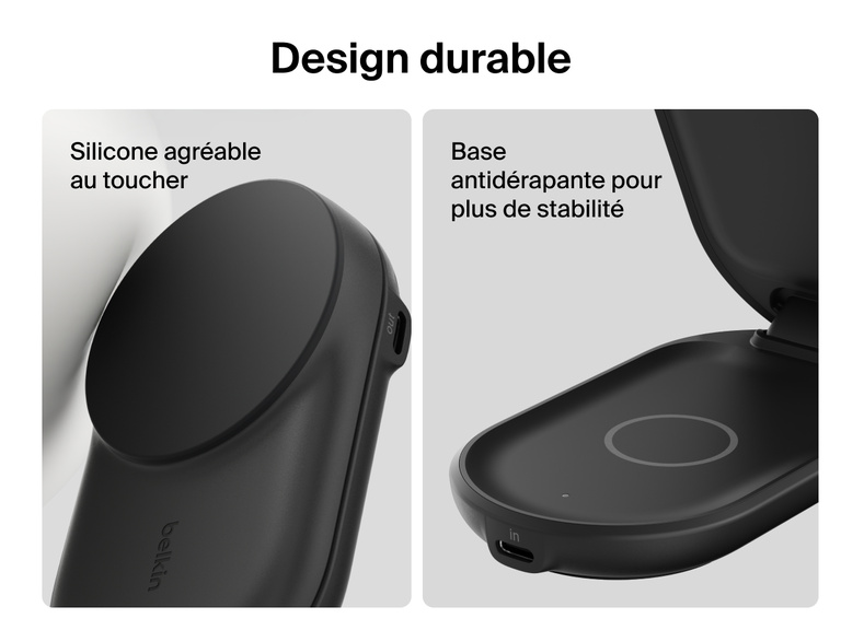 Socle de recharge 2-en-1 aimanté et pliable Belkin UltraCharge avec Qi2 25 W doté d'un revêtement en silicone doux au toucher et d'une base antidérapante pour une durabilité améliorée et une recharge sécurisée.