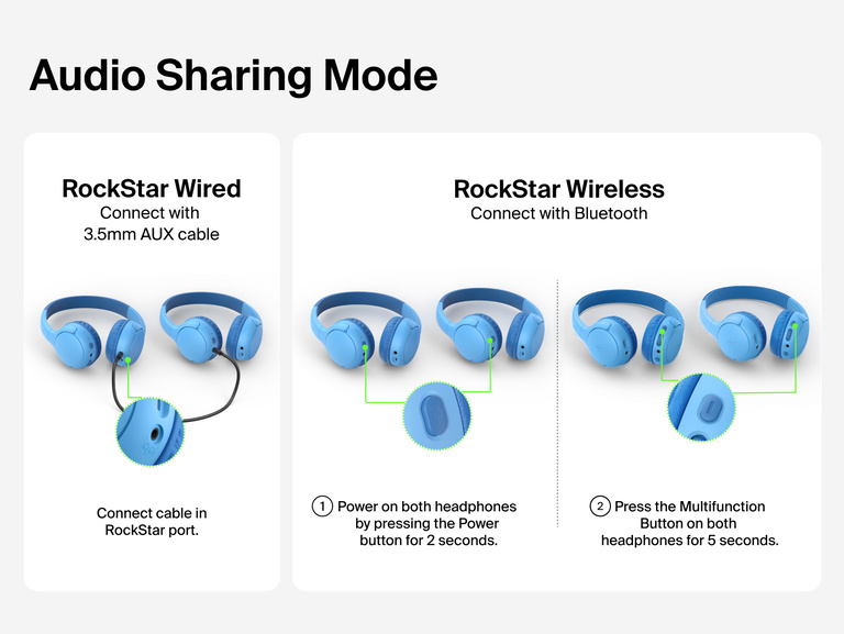 SoundForm Mini 2 Wireless On-Ear Headphones for Kids Audio Sharing Mode setup diagram showing RockStar Wired connection via 3.5mm AUX cable into the RockStar port, and RockStar Wireless pairing using the Power and Multifunction buttons on both headphones